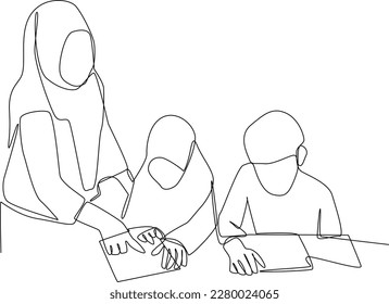 Single one-line drawing the teacher corrects the student's mistakes. Class in session concept. Continuous line drawing design graphic vector illustration.