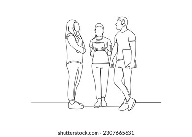 Un solo dibujo de tres estudiantes discutiendo. Diversidad en el concepto de universidad. Ilustración continua del plano de línea