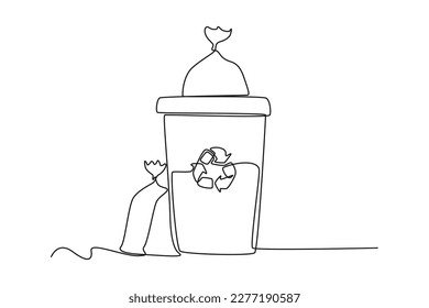 Single one-line drawing trash cans and piles of trash outside. Earth day concept. continuous line draw design graphic vector illustration