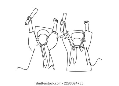 Single one-line drawing two best friends celebrating their graduation happily. Graduation concept. Continuous line draw design graphic vector illustration.