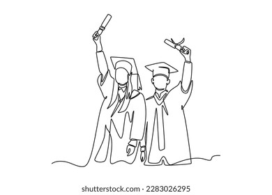 Una sola línea dibujando a dos mejores amigos abrazándose el día de la graduación. Concepto de graduación. Ilustración gráfica de vector de diseño de línea continua.