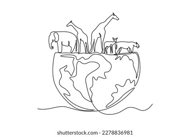 Single one-line drawing of various animals on half the earth. Earth day concept. continuous line draw design graphic vector illustration