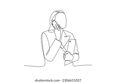 Single one-line drawing woman is calling on a mobile phone. Mobile phone concept. Continuous line drawing illustration