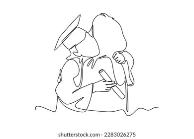 Single one-line drawing a woman hugging her mother on graduation day. Graduation concept. Continuous line draw design graphic vector illustration.