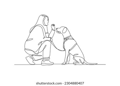 Single one-line drawing a woman playing with her pet. Urban pet concept. Continuous line draw design graphic vector illustration.