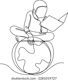 Single one-line drawing of a world with a child reading a book n it. World book day concept. Continuous line drawing design graphic vector illustration.