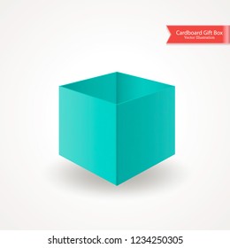 Single open cardboard green blue box with without lid or cover. Front view. Package isolated on white background. Realistic Vector Illustration
