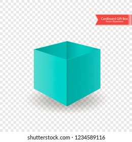 Single open cardboard green blue box with without lid or cover. Front view. Package isolated on transparent background. Realistic Vector Illustration.