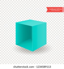 Single open empty cardboard green blue box without lid or cover. Packing lying on its side. Object isolated on transparent background. Realistic Vector Illustration.