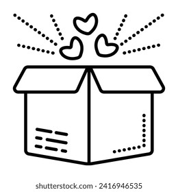 Single open gift box pictogram, black line vector icon of a package, parcel