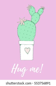 Single opuntia cactus in a pot card. Cute original illustration. Pastel colors.