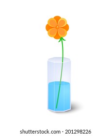 Single orange flower in glass vase with elements of transparency and isolated on background, vector holiday illustration