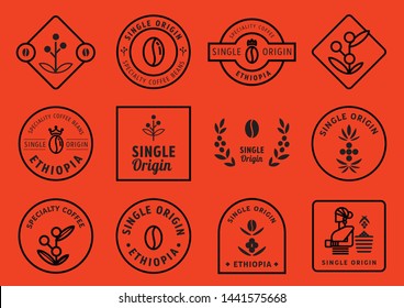 single origin badge design set with coffee fruits, leaf,crown,beans and local farmer vector illustration