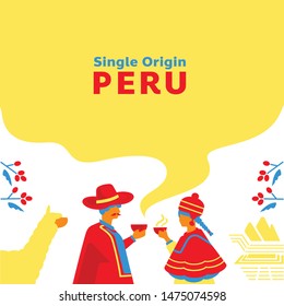 single origin cofee Peru background with local people drinking hot coffee with lama,fresh cherry fruits, man uncle and daughter drinking hot espresso