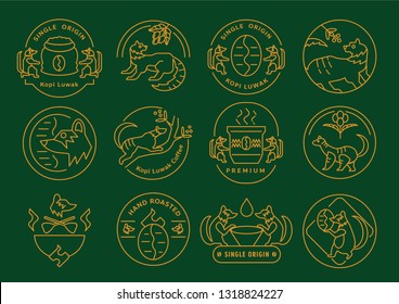 single origin Kopi Luwak coffee line icon design vector illustration with coffee tree,fruits,cap and beans.