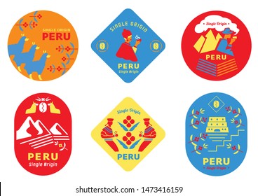 single origin Peru coffee label set with local people,uncle drinking  coffee,girl harvesting fruits and lama eating from tree.