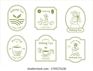 single origin tea badge logo design set with English woman farmer harvest,mountain,organic tea,hot tea and ceramic cup
