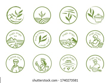 single origin tea logo set with farmer,plant,tea leaf,cup and local people harvest.
