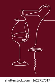 Single outline drawing with a bottle, wine glass, and a corkscrew. Continuous line on a dark background. Modern design element for wine tasting, menu, wine list, restaurant, winery, shop.