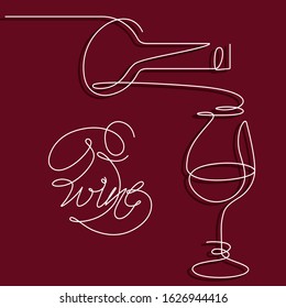 Single outline drawing with a bottle, and wine glass. A continuous line on a dark background. Modern design element for wine tasting, menu, wine list, restaurant, winery, shop.