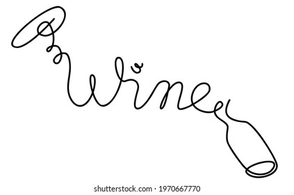 Single outline drawing word wine with bottle and corkscrew doodle