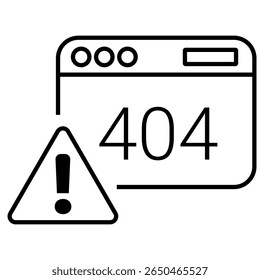 Single outline icon of a browser with a warning symbol, representing error 404, page not found, and website issues. Linear icon style. Editable stroke. Vector illustration.