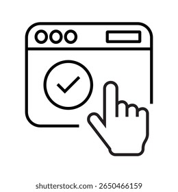 Single outline icon of a browser window with a check mark, symbolizing web approval, verification, and secure validation process. Linear icon style. Editable stroke. Vector illustration.