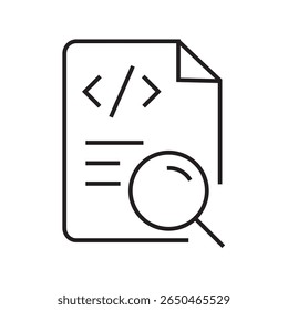 Single outline icon of a document with code and magnifier, representing source code review and software auditing. Linear icon style. Editable stroke. Vector illustration.