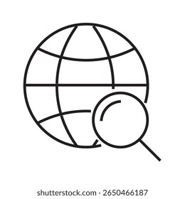 Single outline icon of a globe with a magnifying glass, symbolizing global search, international data, or worldwide research. Linear icon style. Editable stroke. Vector illustration.