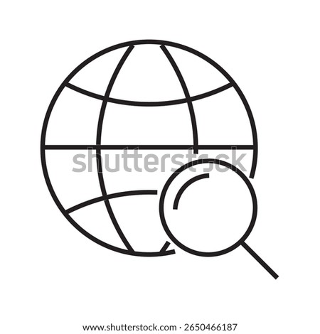 Single outline icon of a globe with a magnifying glass, symbolizing global search, international data, or worldwide research. Linear icon style. Editable stroke. Vector illustration.