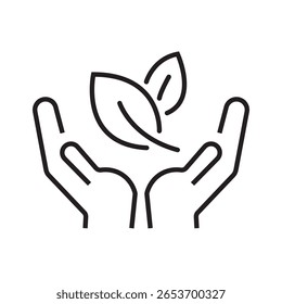 Single outline icon of hands holding a growing plant. Symbol of nature protection, sustainability, care, and eco responsibility. Linear style, editable stroke. Vector illustration.