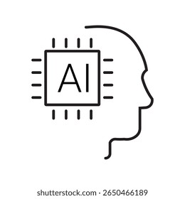 Single outline icon of a human head with AI circuit elements, representing artificial intelligence, machine learning, and neural networks. Linear icon style. Editable stroke. Vector illustration.