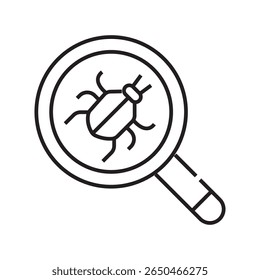 Ícone de contorno único de uma lente de aumento com um bug, representando a depuração, a inspeção de código e a detecção de problemas de software. Estilo de ícone linear. Traçado editável. Ilustração vetorial.