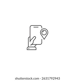 single outline icon map location related to location. with mobile phone element and hand. linear icon collection. editable stroke. vector illustration
