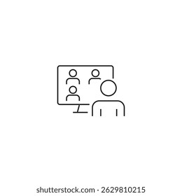 single outline icon online meeting related to communication. with people element and laptop. linear icon collection. editable stroke. vector illustration.