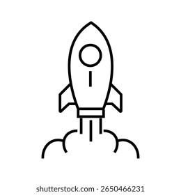 Single outline icon of a rocket taking off from a webpage, representing website launch, startup development, and web deployment. Linear icon style. Editable stroke. Vector illustration.