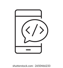 Single outline icon of a smartphone with code symbols, representing mobile app development, UI or UX design, and coding. Linear icon style. Editable stroke. Vector illustration.