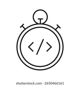 Single outline icon of a stopwatch with code element, representing performance testing, code execution time, or speed optimization in development. Linear icon style. Editable stroke.