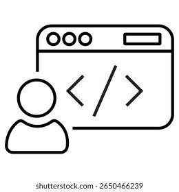 Single outline icon of a user with code symbol, representing a web developer profile, programmer identity, or tech personnel. Linear icon style. Editable stroke. Vector illustration.