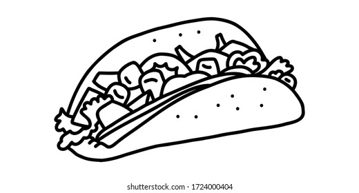 Single outline taco mexican food related icon, isolated on white background. Vector stock illustration in hand drawn doodle style. Design element.