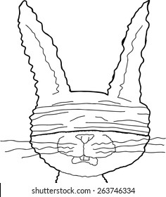 Single outlined hand drawn cartoon bunny with blindfold