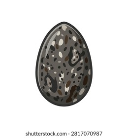 A single oval shaped egg with intricate dark gray brown and white speckled patterns isolated on a white background