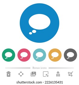 Single oval thought bubble solid flat white icons on round color backgrounds. 6 bonus icons included.