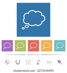 Single oval thought cloud outline flat white icons in square backgrounds. 6 bonus icons included.