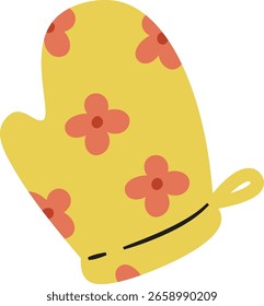 Un solo guante de horno con un patrón floral en un estilo plano. El guante cuenta con un bucle para colgar y motivos florales simples. Ilustración vectorial de dibujos animados.