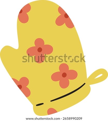 A single oven mitt with a floral pattern in a flat style. The glove features a loop for hanging and simple flower motifs. Cartoon vector illustration.