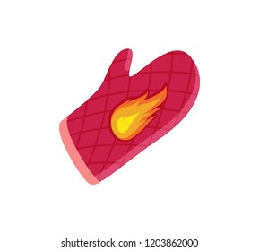 Single oven  glove  vector badges in cartoon style  Mitten tight textile and diamond   flame pattern  flat isolated kitchen accessory emblem