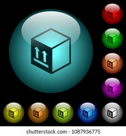 Single package icons in color illuminated spherical glass buttons on black background. Can be used to black or dark templates