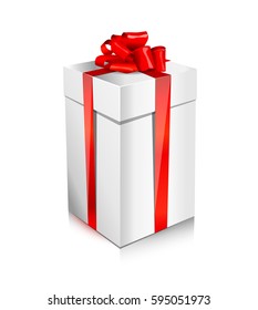single packaged long and big white gift box with satin red bow and ribbon isolated on white background