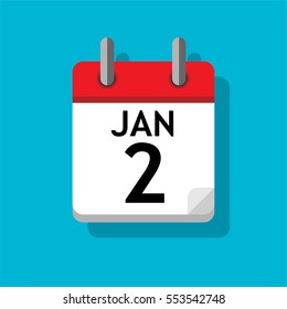 Single page from calendar. Flat on blue background. 2nd of January.